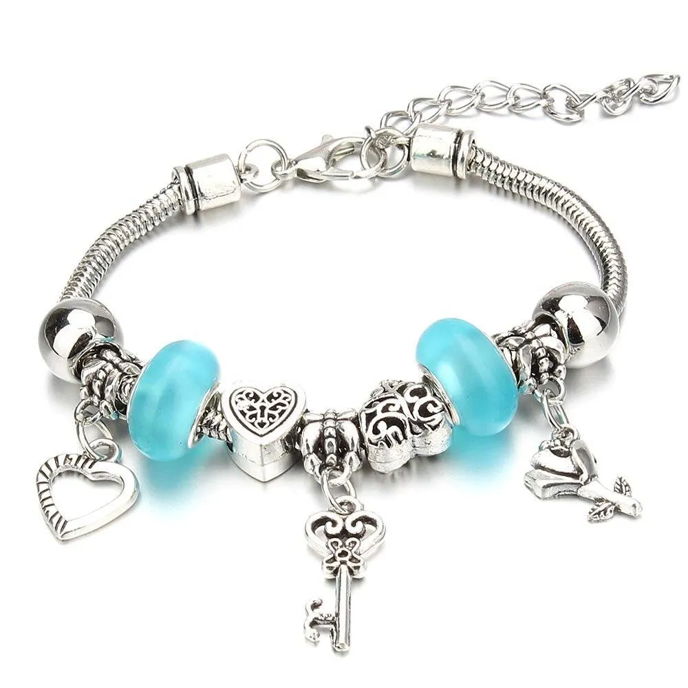 Vintage Original Heart-Shaped Key Lock Rhinestone Beads Charm Bracelets for Women -  Jewellery Gifts