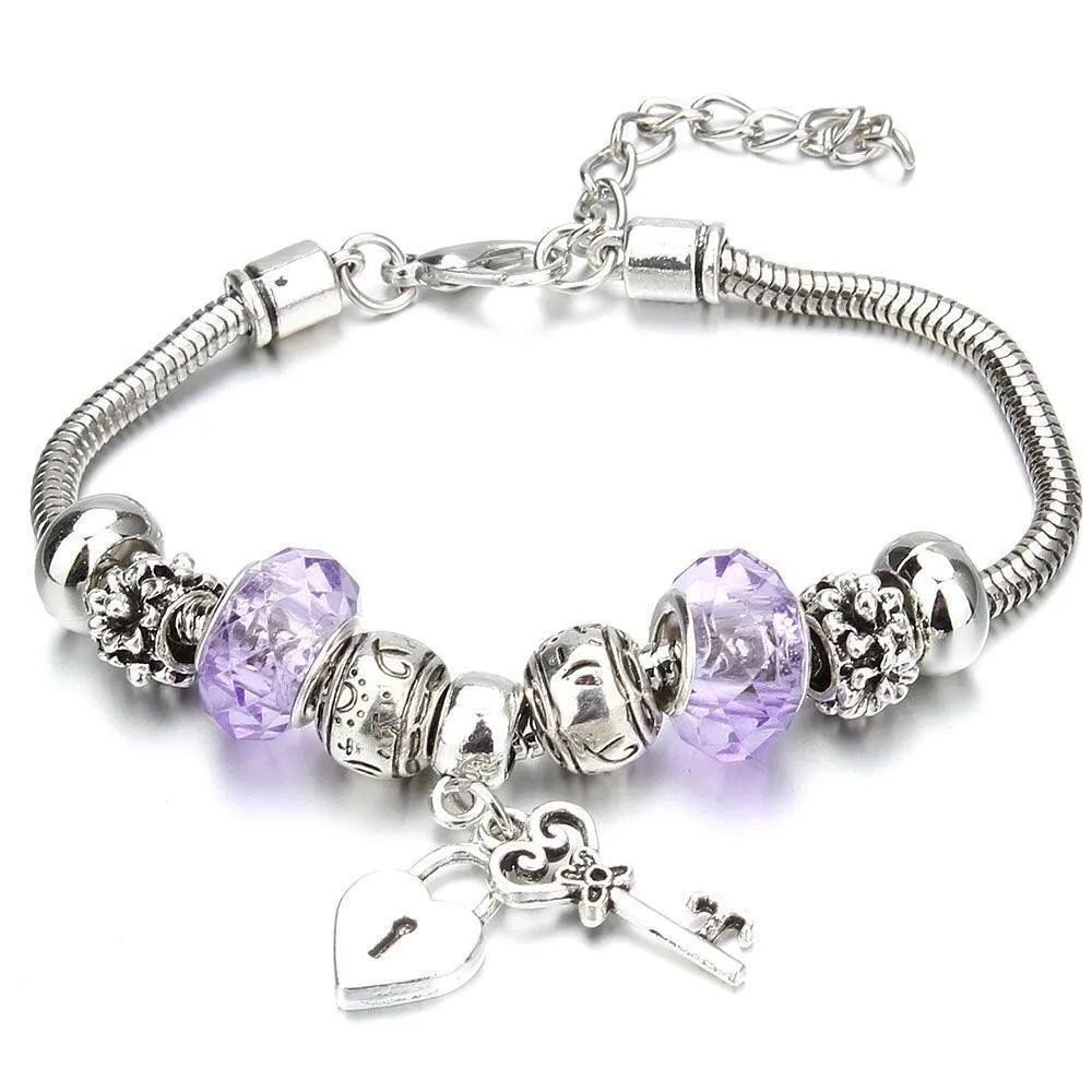 Vintage Original Heart-Shaped Key Lock Rhinestone Beads Charm Bracelets for Women -  Jewellery Gifts