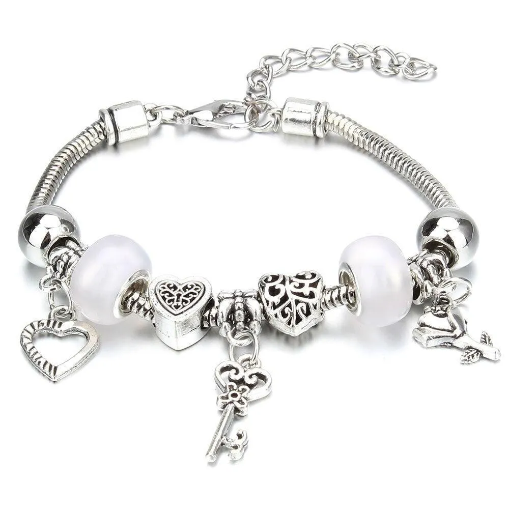 Vintage Original Heart-Shaped Key Lock Rhinestone Beads Charm Bracelets for Women -  Jewellery Gifts