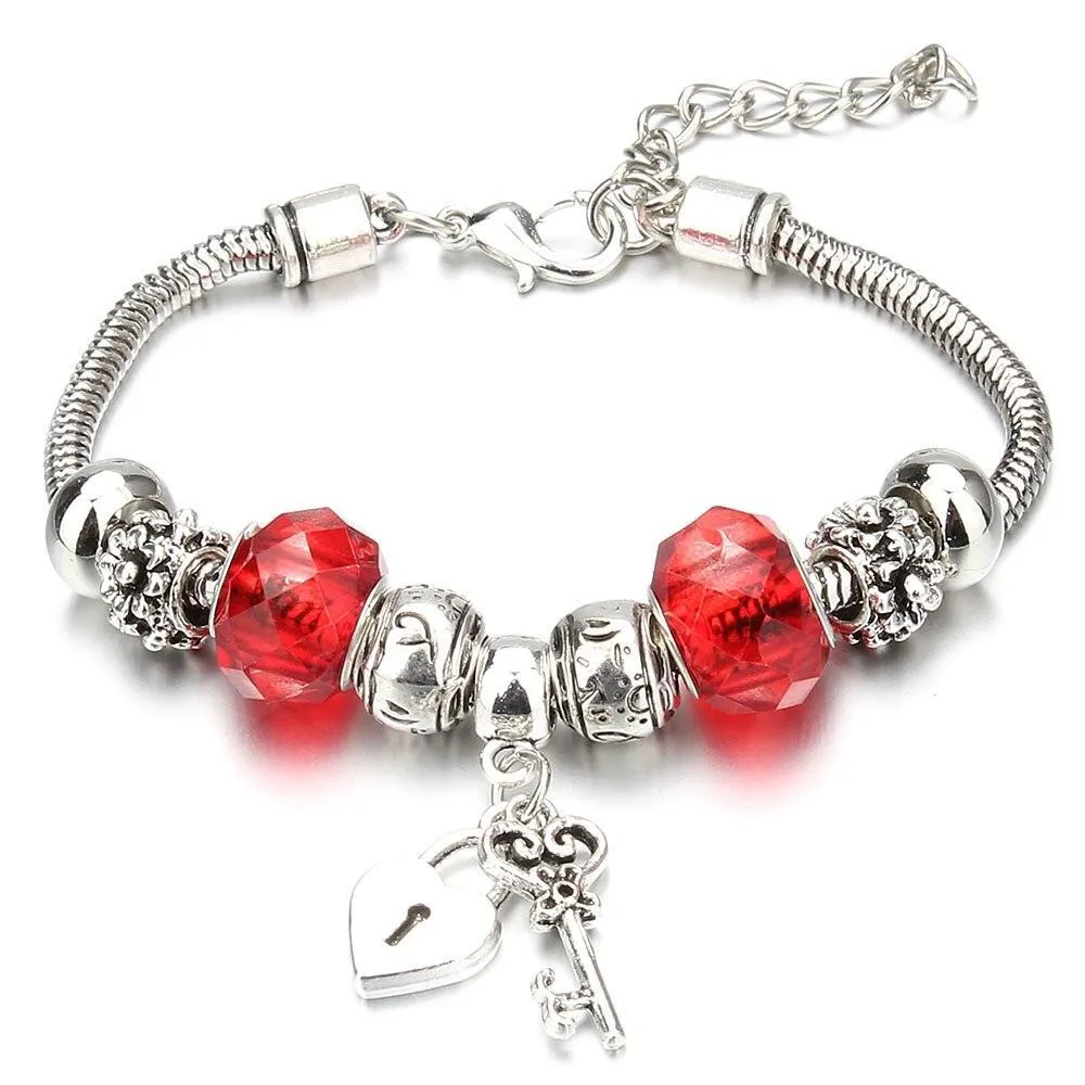 Vintage Original Heart-Shaped Key Lock Rhinestone Beads Charm Bracelets for Women -  Jewellery Gifts