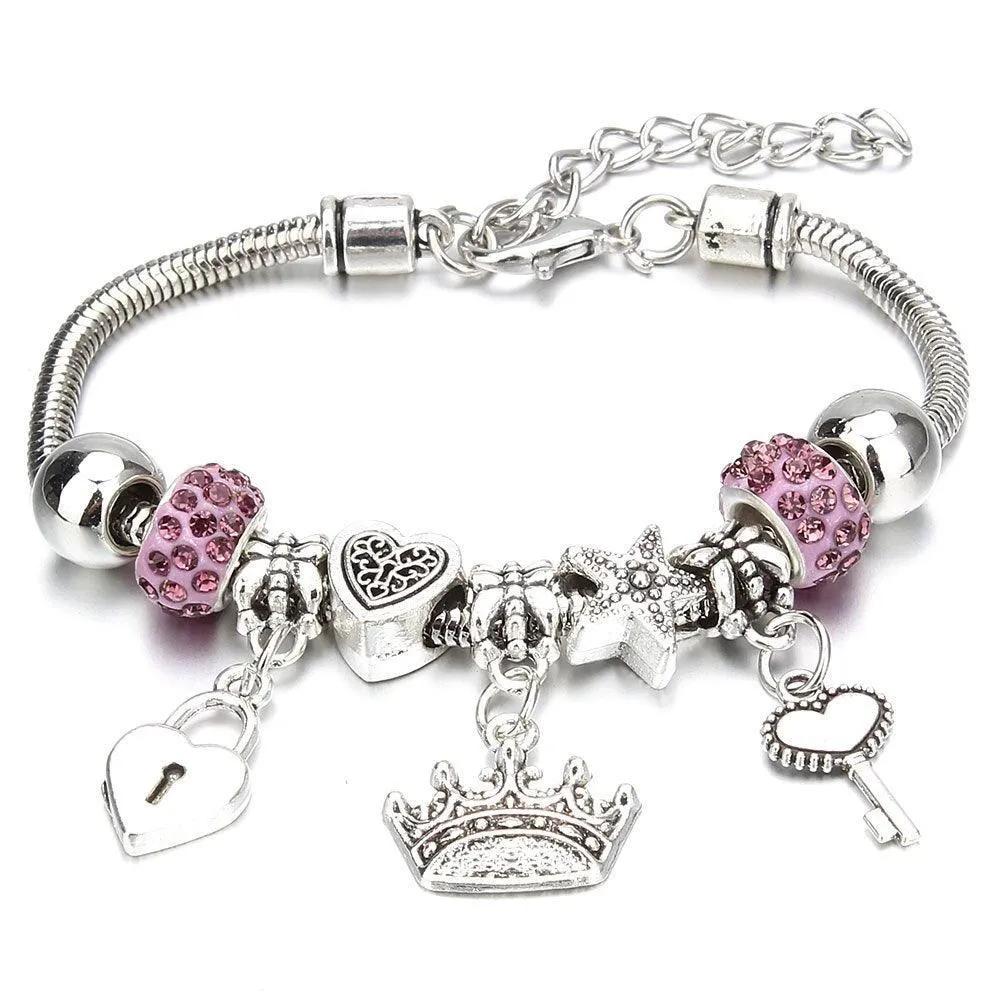 Vintage Original Heart-Shaped Key Lock Rhinestone Beads Charm Bracelets for Women -  Jewellery Gifts
