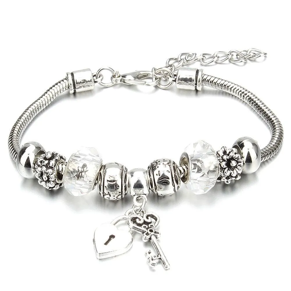 Vintage Original Heart-Shaped Key Lock Rhinestone Beads Charm Bracelets for Women -  Jewellery Gifts