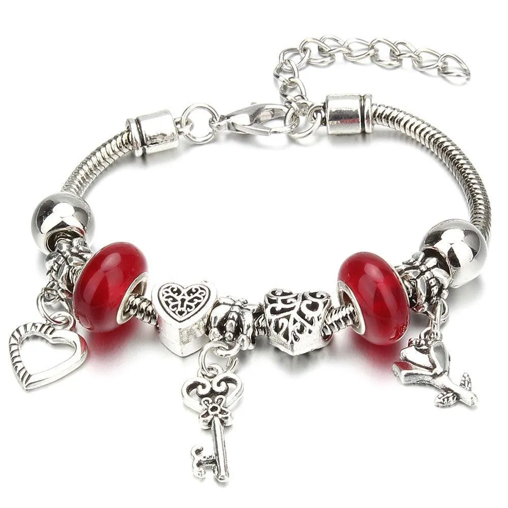 Vintage Original Heart-Shaped Key Lock Rhinestone Beads Charm Bracelets for Women -  Jewellery Gifts