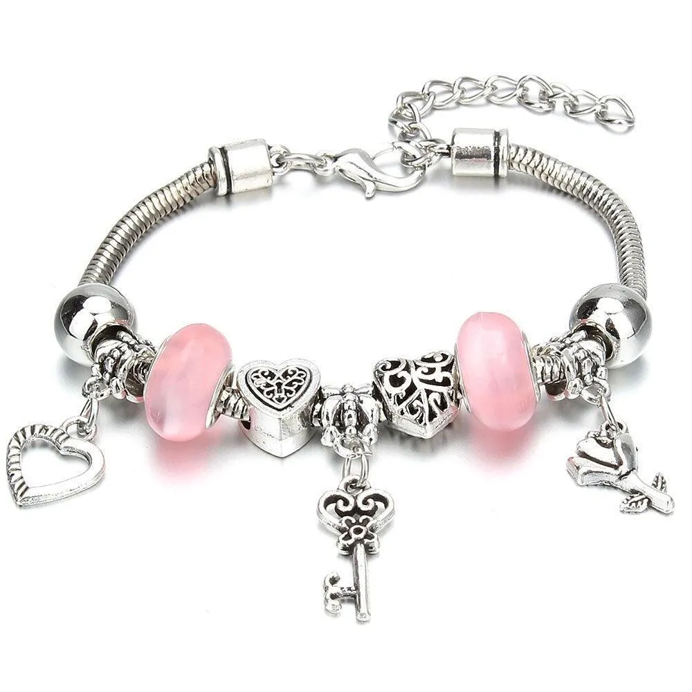 Vintage Original Heart-Shaped Key Lock Rhinestone Beads Charm Bracelets for Women -  Jewellery Gifts