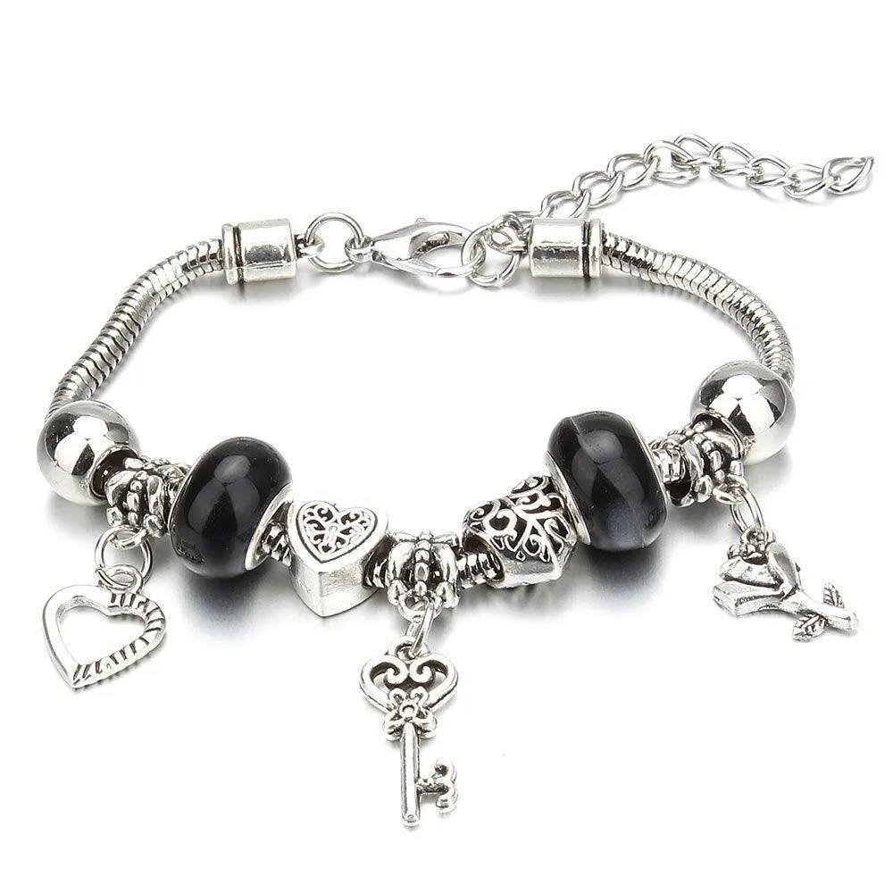 Vintage Original Heart-Shaped Key Lock Rhinestone Beads Charm Bracelets for Women -  Jewellery Gifts