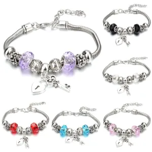 Vintage Original Heart-Shaped Key Lock Rhinestone Beads Charm Bracelets for Women -  Jewellery Gifts
