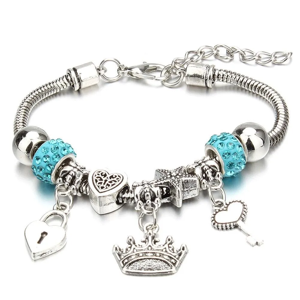 Vintage Original Heart-Shaped Key Lock Rhinestone Beads Charm Bracelets for Women -  Jewellery Gifts