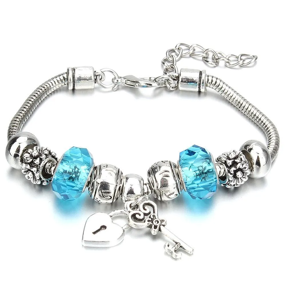 Vintage Original Heart-Shaped Key Lock Rhinestone Beads Charm Bracelets for Women -  Jewellery Gifts