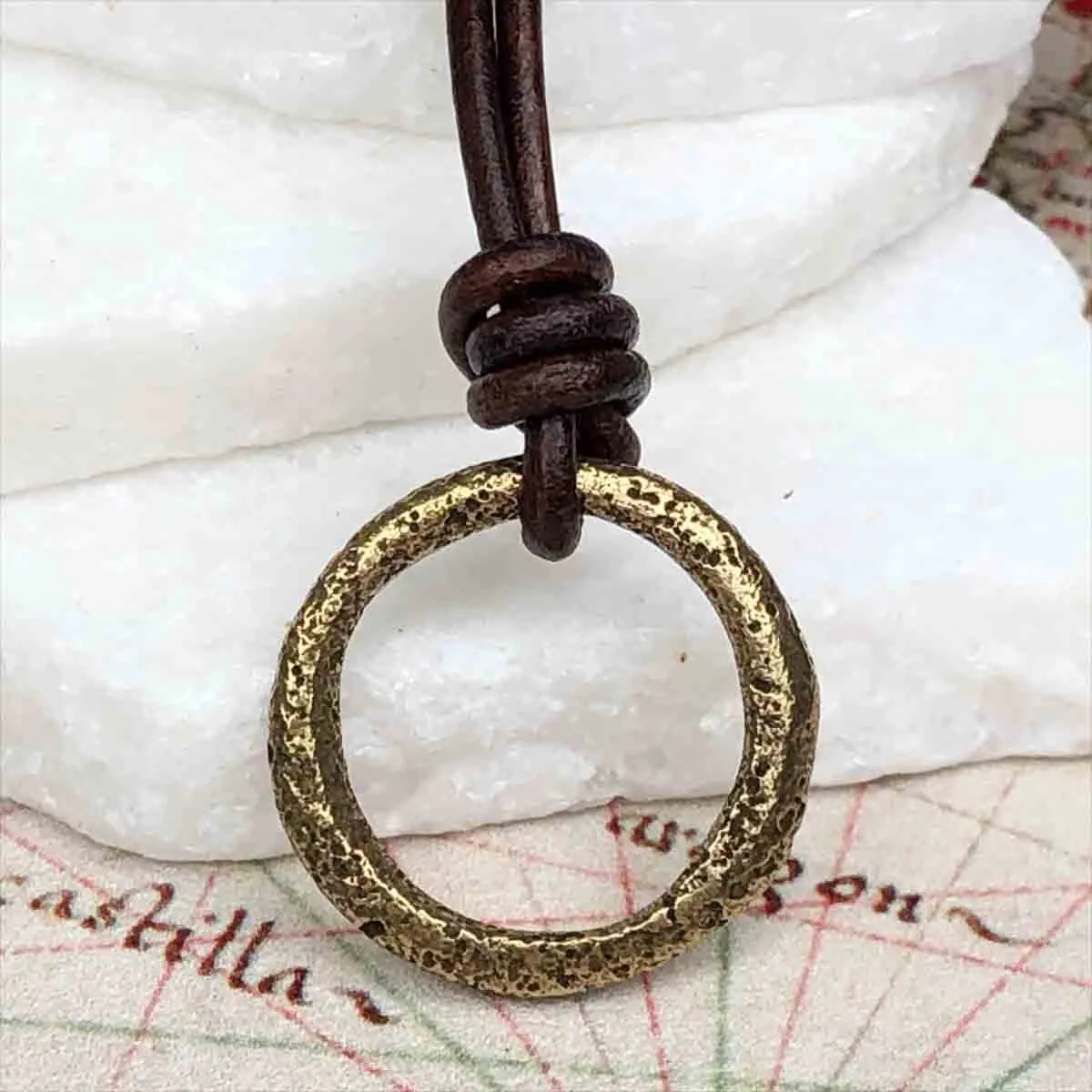 Warm Brown to Gold Bronze Celtic Ring Money Leather Necklace | Artifact #3398