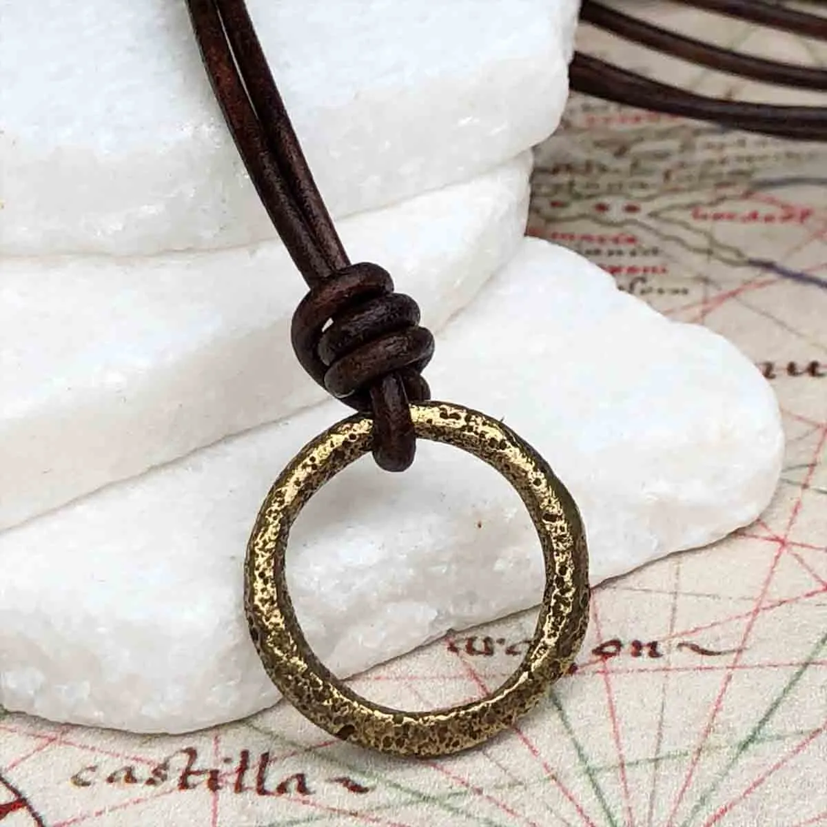 Warm Brown to Gold Bronze Celtic Ring Money Leather Necklace | Artifact #3398