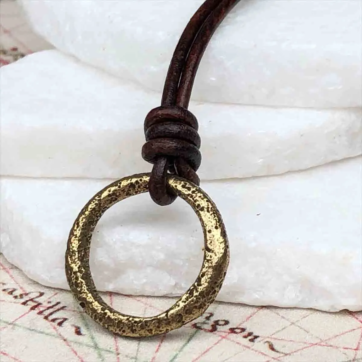 Warm Brown to Gold Bronze Celtic Ring Money Leather Necklace | Artifact #3398