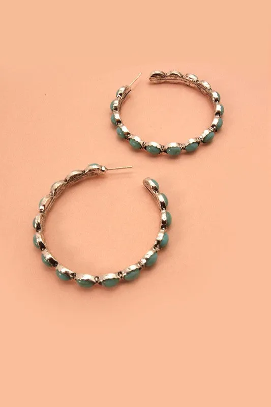 WESTERN TURQ STONE HOOP EARRINGS