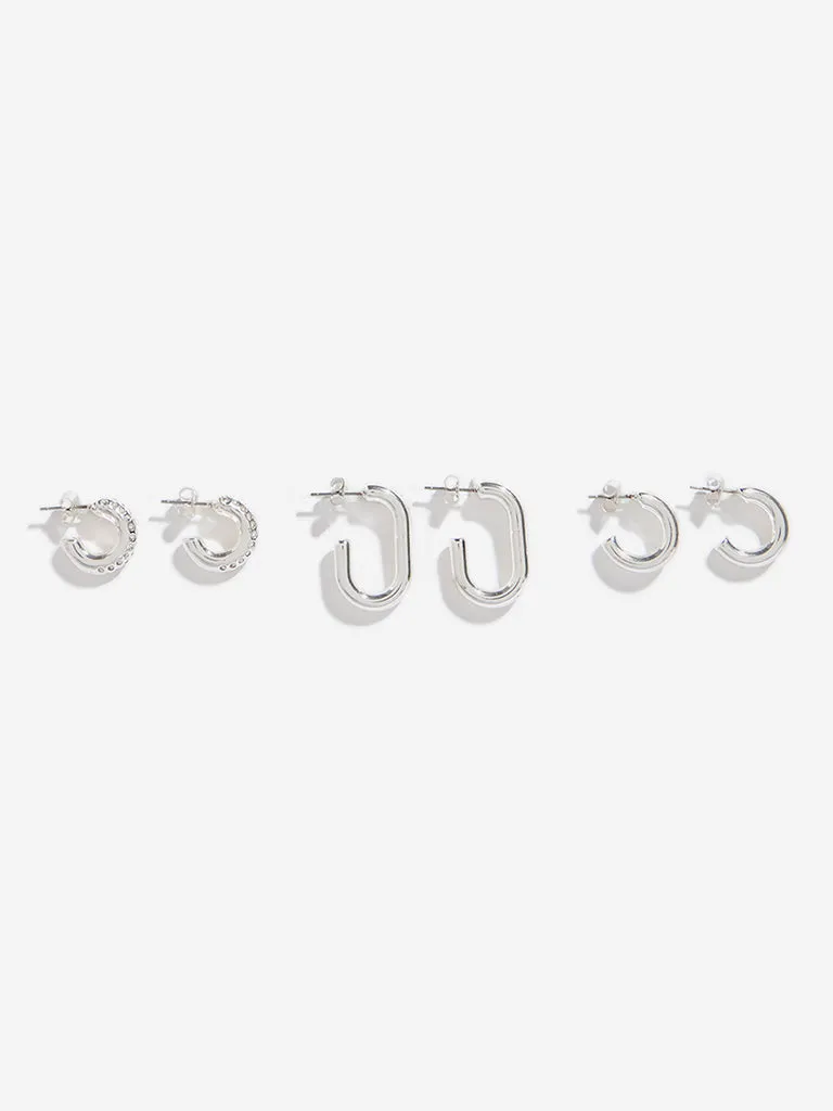 Westside Accessories Silver Trendy Rectangular Hoop Earrings - Pack of 3
