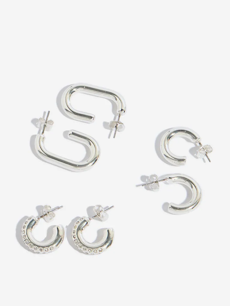Westside Accessories Silver Trendy Rectangular Hoop Earrings - Pack of 3