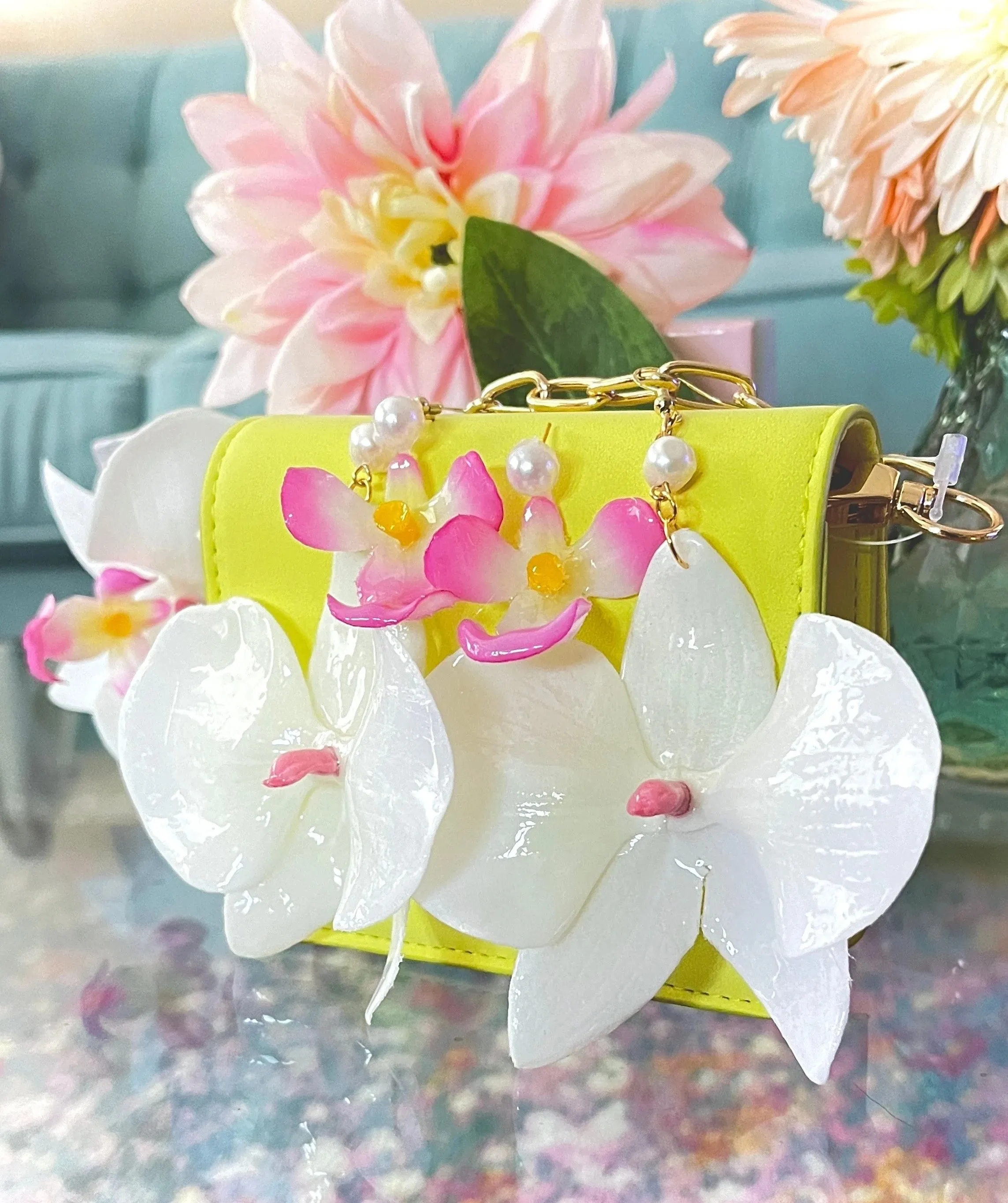 White and Pink Orchid 14K Gold Drop Earrings