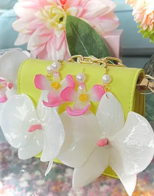 White and Pink Orchid 14K Gold Drop Earrings