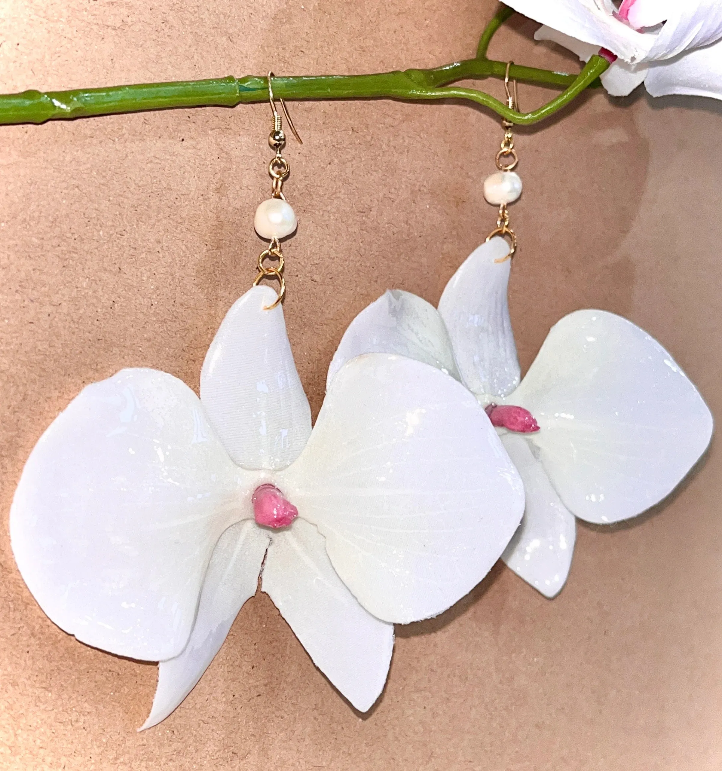White and Pink Orchid 14K Gold Drop Earrings