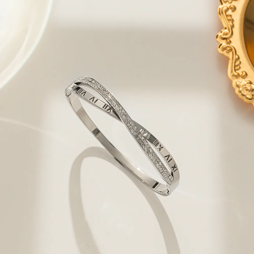 Wholesale Stylish Full Diamond Zircon Roman Numeral Cross Titanium Steel Bracelet