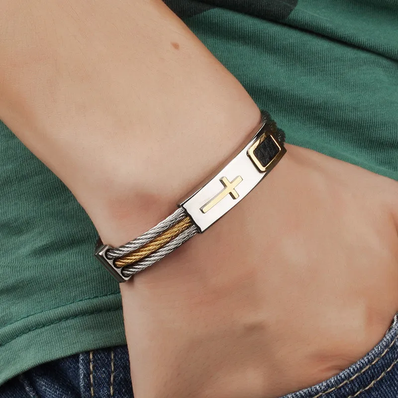 XINYAO 316L Stainless Steel Christian Jesus Cross Bracelet Mens 3Rows Wire Link Chain Bracelet Bangles Pulseira Masculina F3887