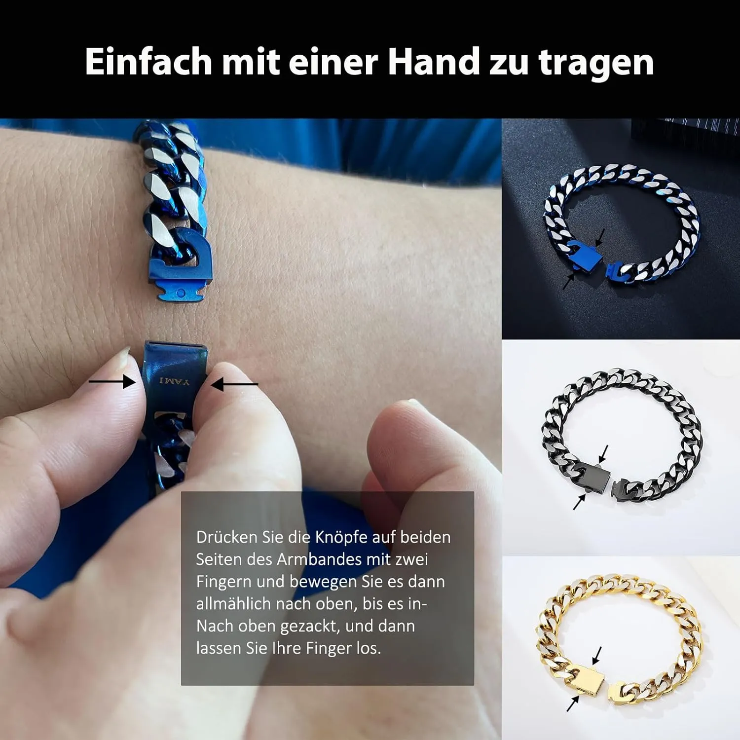 YAMI Bracelets for Men, Cuban Link Chain Diamond-Cut Bracelet, Titanium Steel Mens Jewelry Cool Stuff, Gifts For Boyfriend/Husband/Father On Anniversary/Birthday 7.5/8/8.5/9 Inches, Gold/Blue/Black B0C1B4WZJB