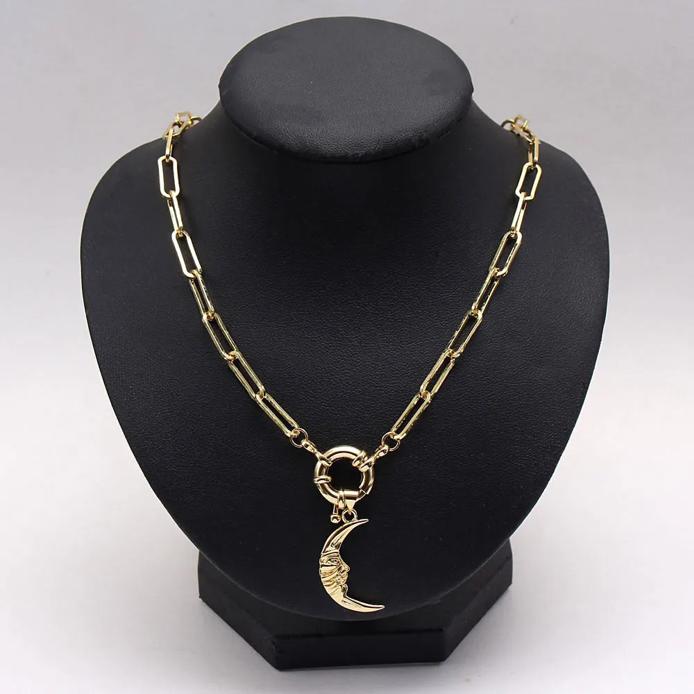 Zircon Moon Pendant Necklace Unique Design Chunky Chain Necklace